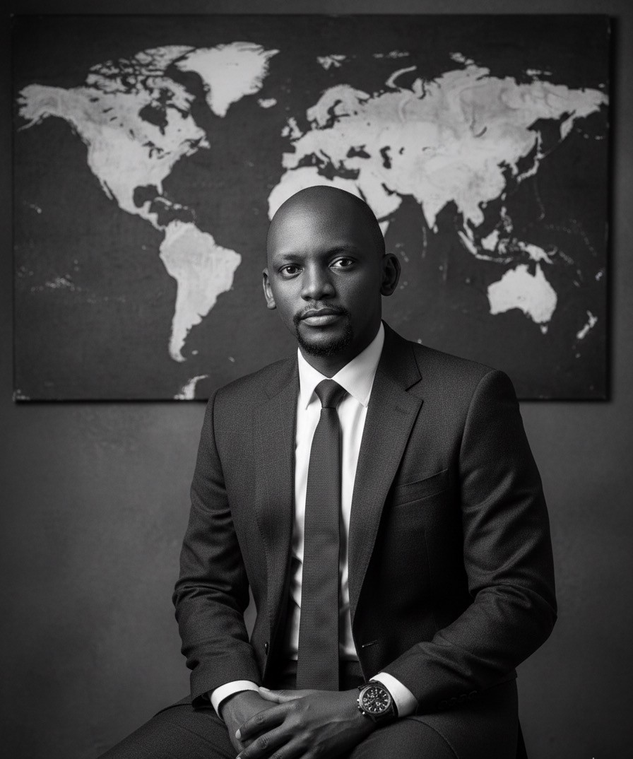 Joel M Kariuki standing in The Mythos office